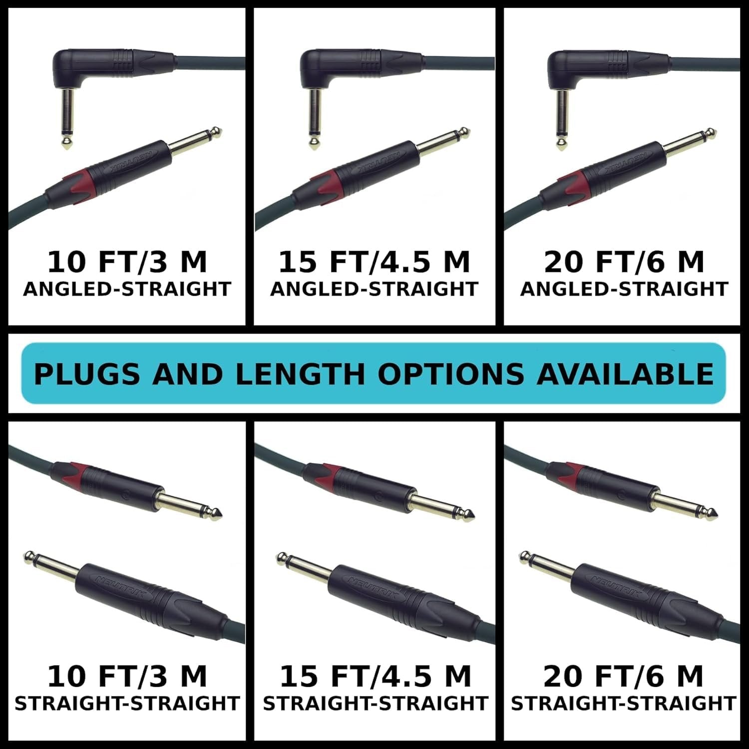 Chart of available Evidence Audio Reveal cable length and plug configuration options: 10/15/20 ft, angled-straight or straight-straight (15 ft, right-to-straight)