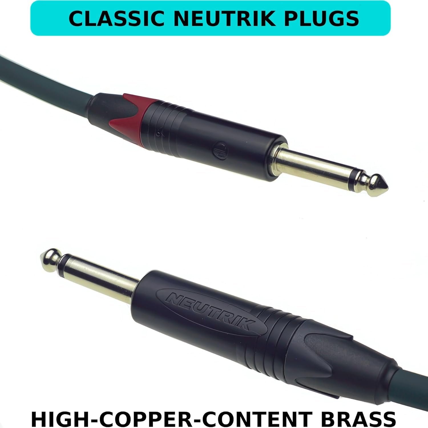 Close-up of Evidence Audio Reveal cable's straight Neutrik plugs, high-copper-content brass (15 ft, straight-to-straight)