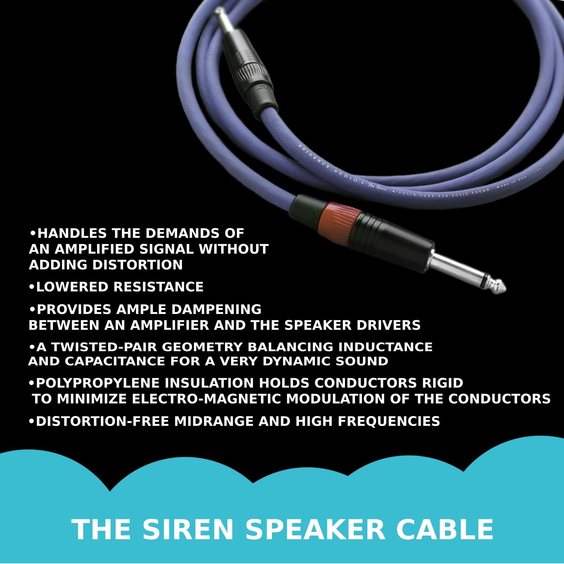 Evidence Audio Siren Speaker Cable bullet-point feature summary graphic (5 ft)