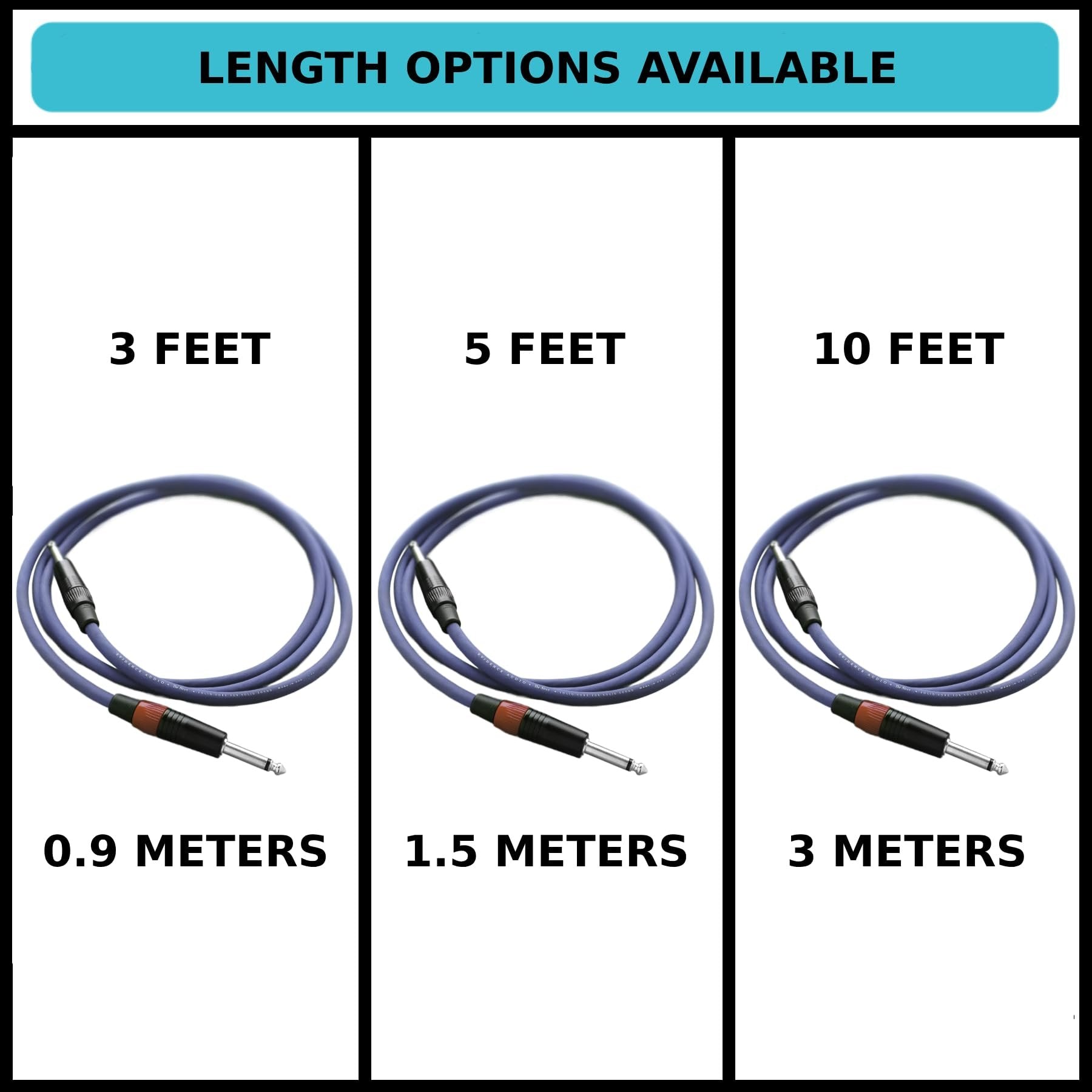 Length options chart for Evidence Audio Siren speaker cable showing 3, 5, and 10 foot options (5 ft)