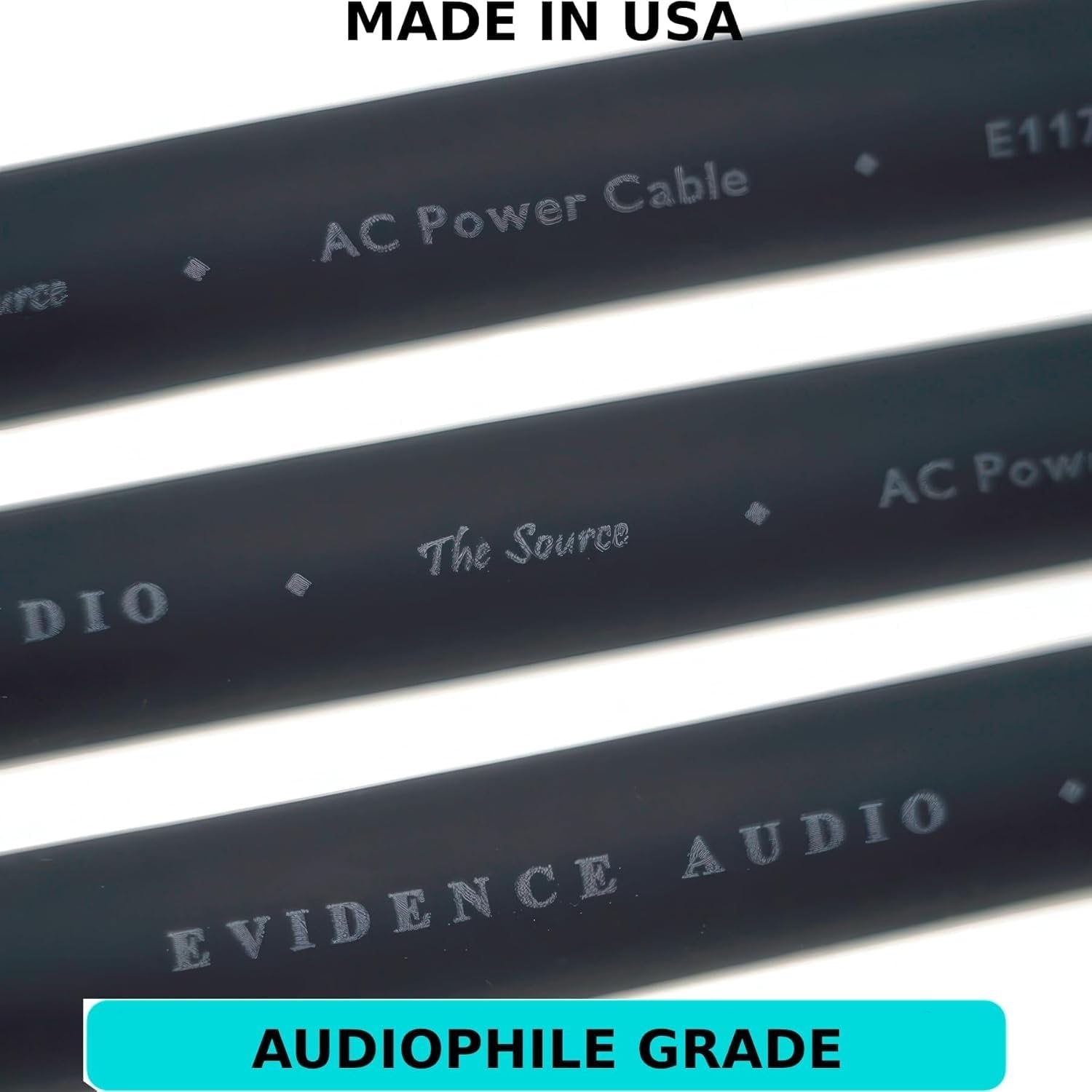 Close-up of Evidence Audio Source AC power cable jacket printing, labeled Made in USA (10 ft)