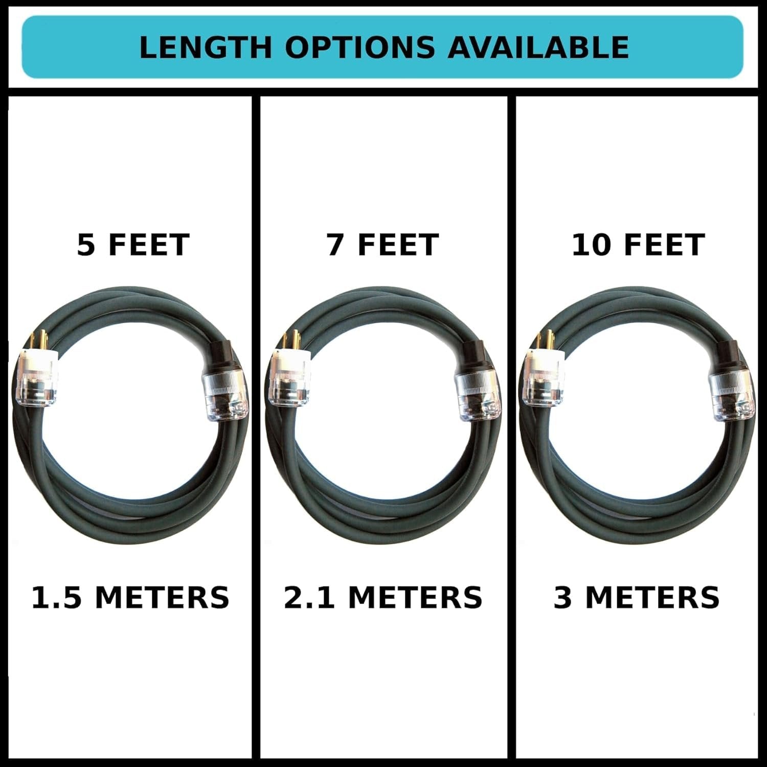 Length options chart for Evidence Audio Source AC power cable: 5, 7, and 10 feet (10 ft)