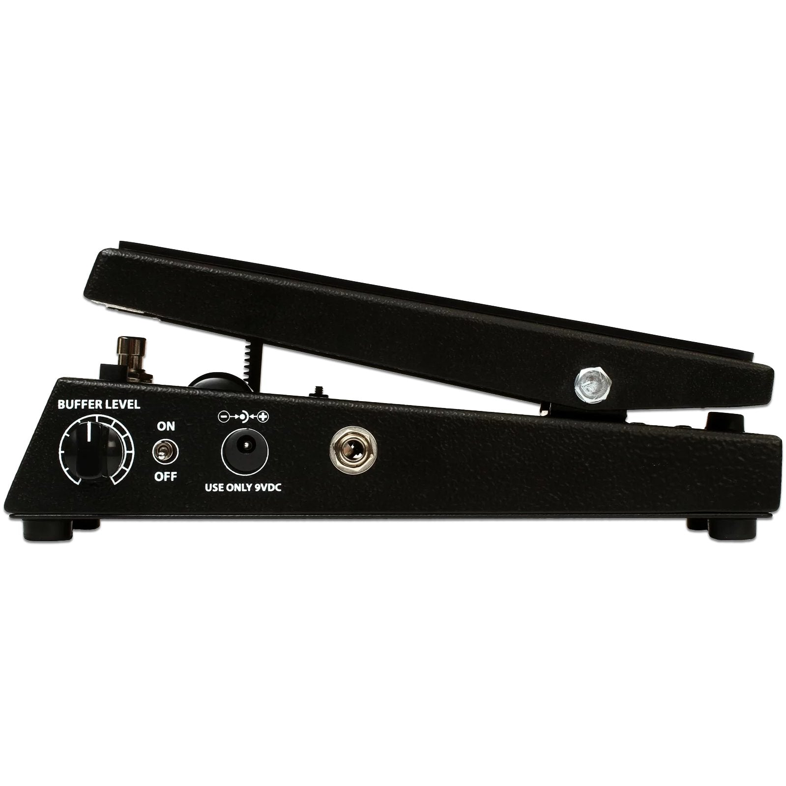 Fulltone Clyde Deluxe wah pedal, left-side view of the rear control panel with Buffer Level knob, buffer On/Off switch, 9 VDC center-negative power inlet and Output jack labelled Use Only 9VDC