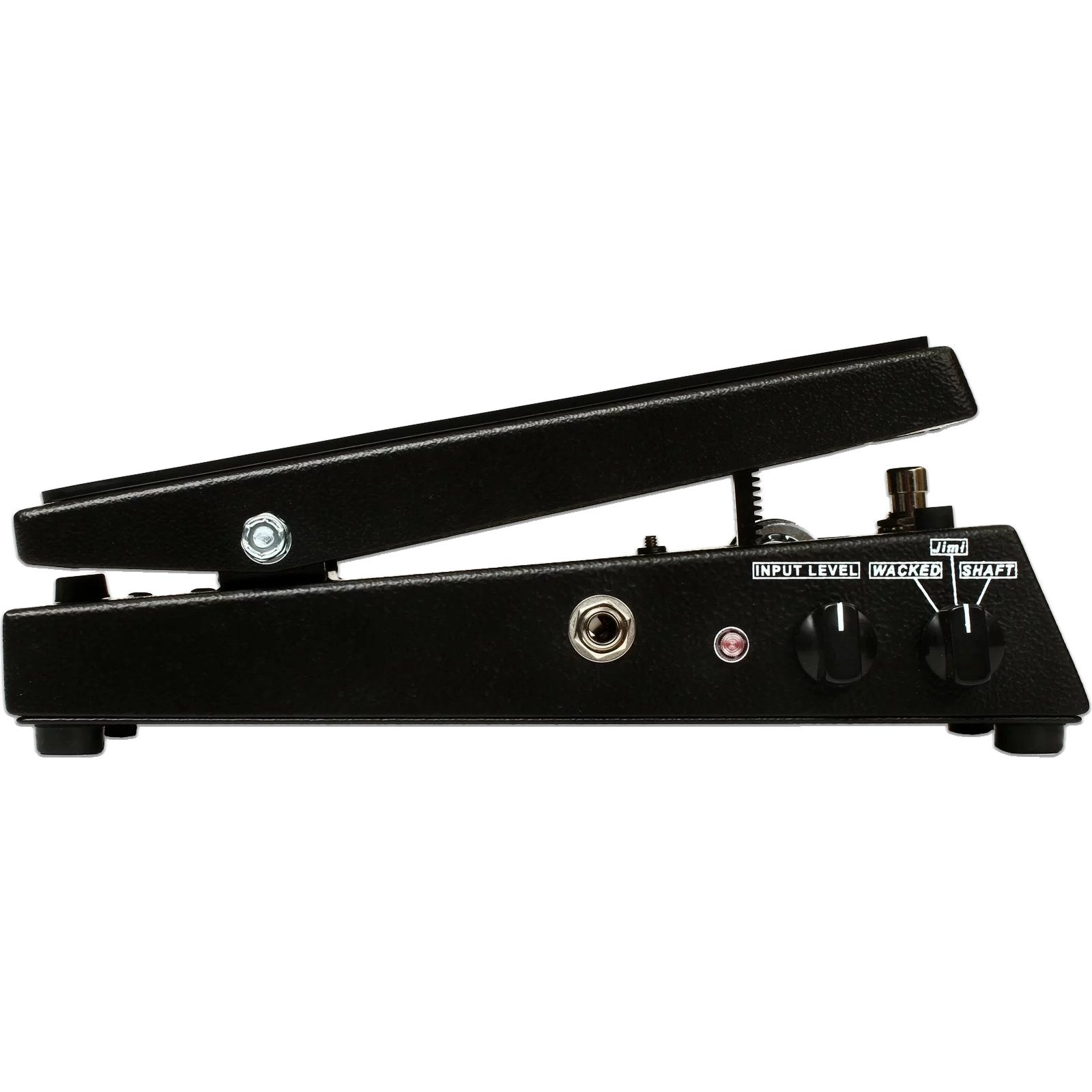 Fulltone Clyde Deluxe wah pedal, right-side view showing Input jack, red status LED, Input Level knob and 3-way Wacked/Jimi/Shaft voicing switch
