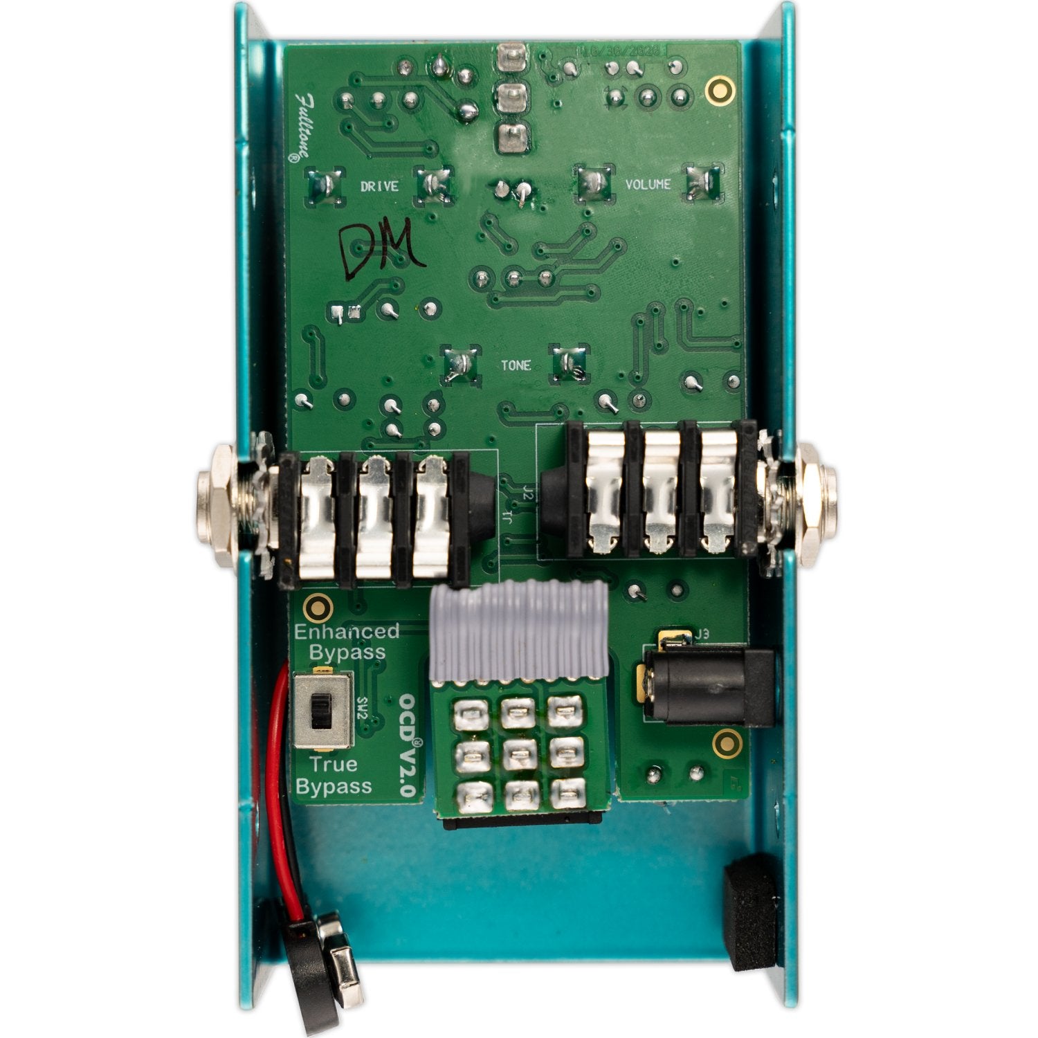 Fulltone Custom Shop OCD Germanium overdrive pedal, internal PCB view with True Bypass / Enhanced Bypass selector switch and Fulltone OCD circuit board