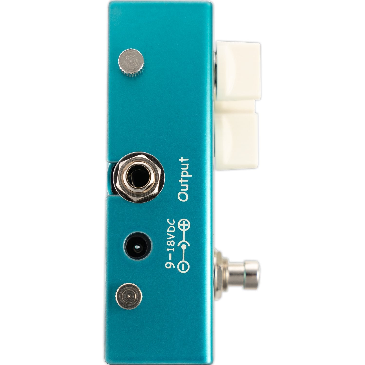Fulltone Custom Shop OCD Germanium overdrive pedal, left side showing Output jack, 9-18 VDC power inlet and thumbscrew