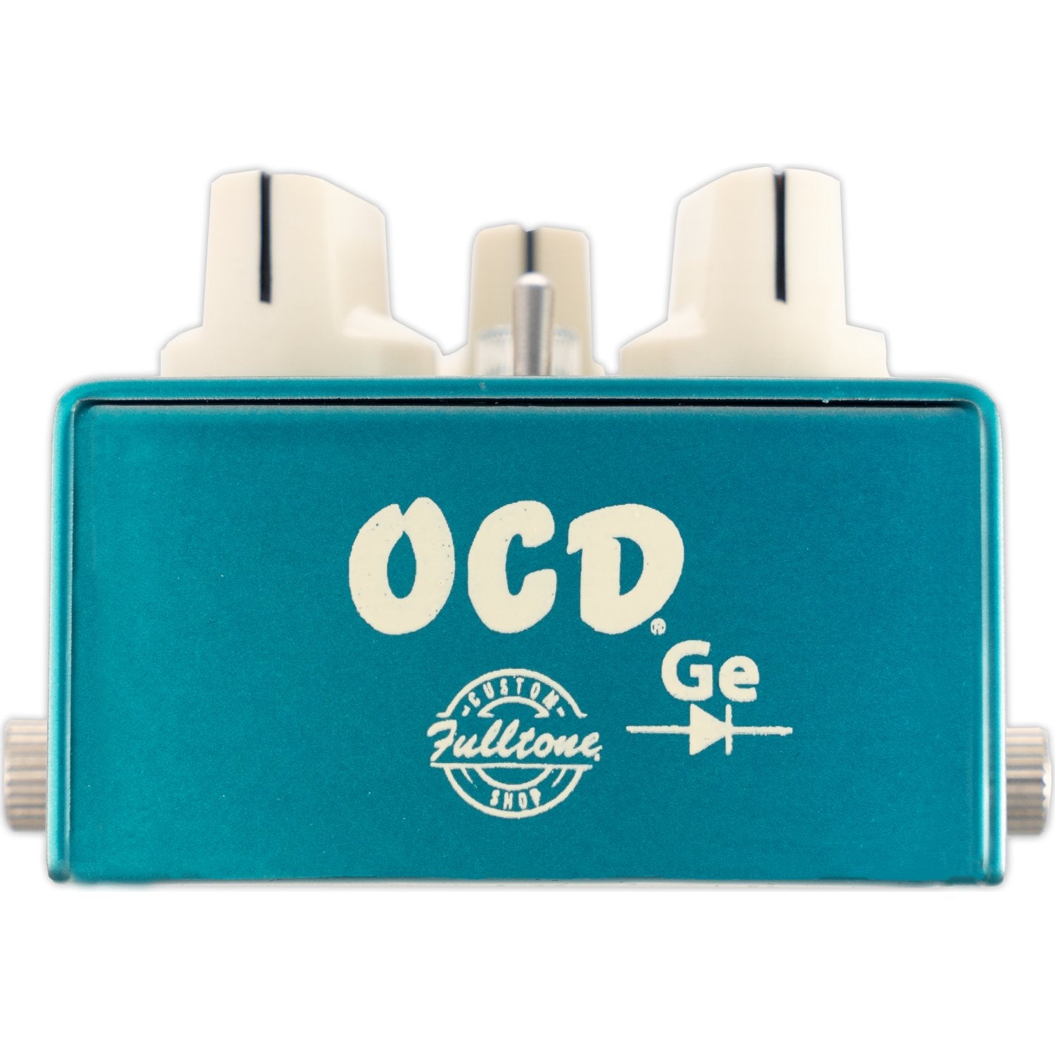 Fulltone Custom Shop OCD Germanium overdrive pedal, side view showing OCD Ge logo and Fulltone Custom Shop badge on the teal enclosure