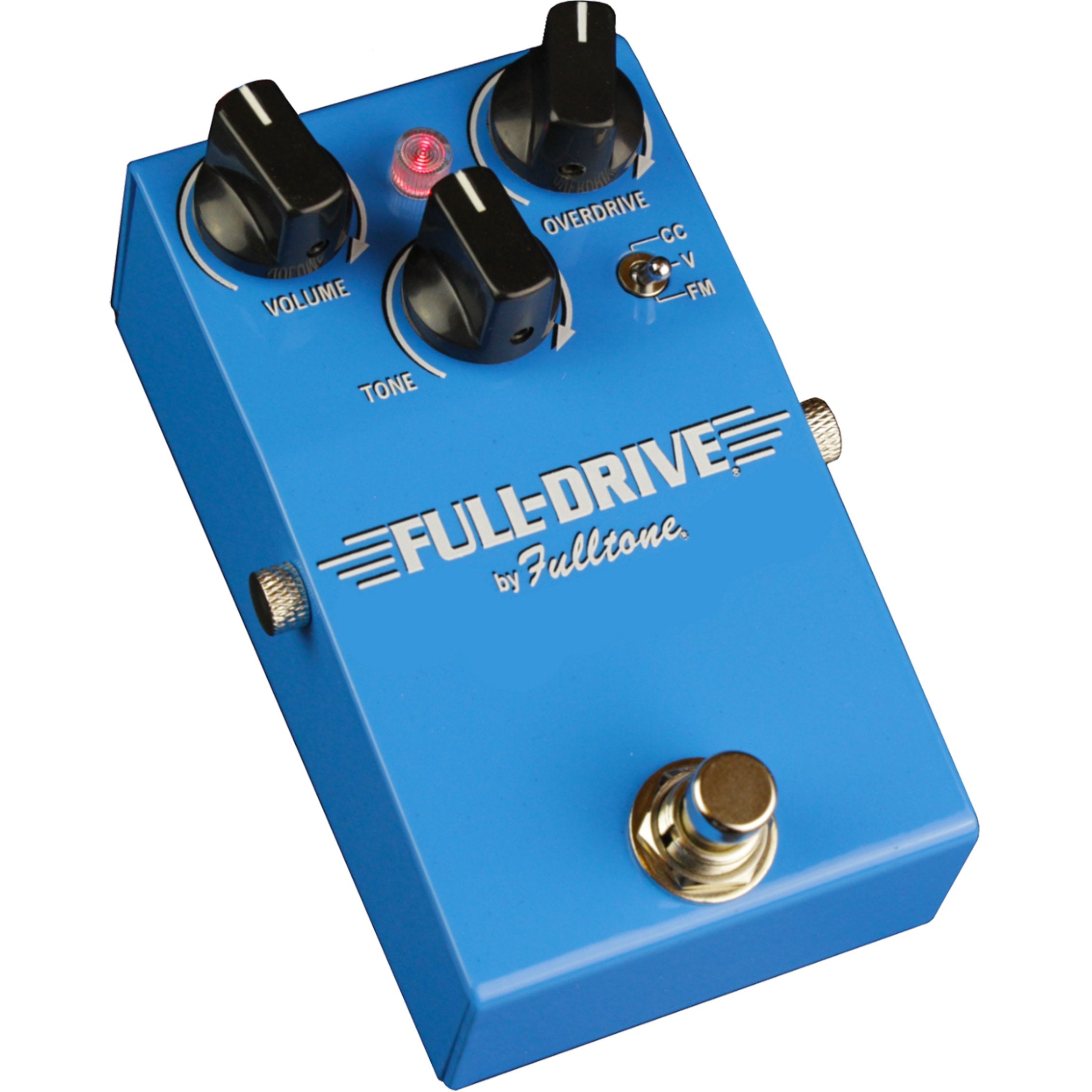 Fulltone Full-Drive 1 overdrive pedal, three-quarter angle showing knob layout and blue steel enclosure