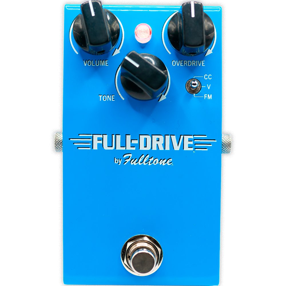 Fulltone Full-Drive 1 overdrive pedal in blue enclosure, top view showing Volume, Overdrive and Tone knobs with CC/V/FM 3-way clipping toggle and true-bypass footswitch