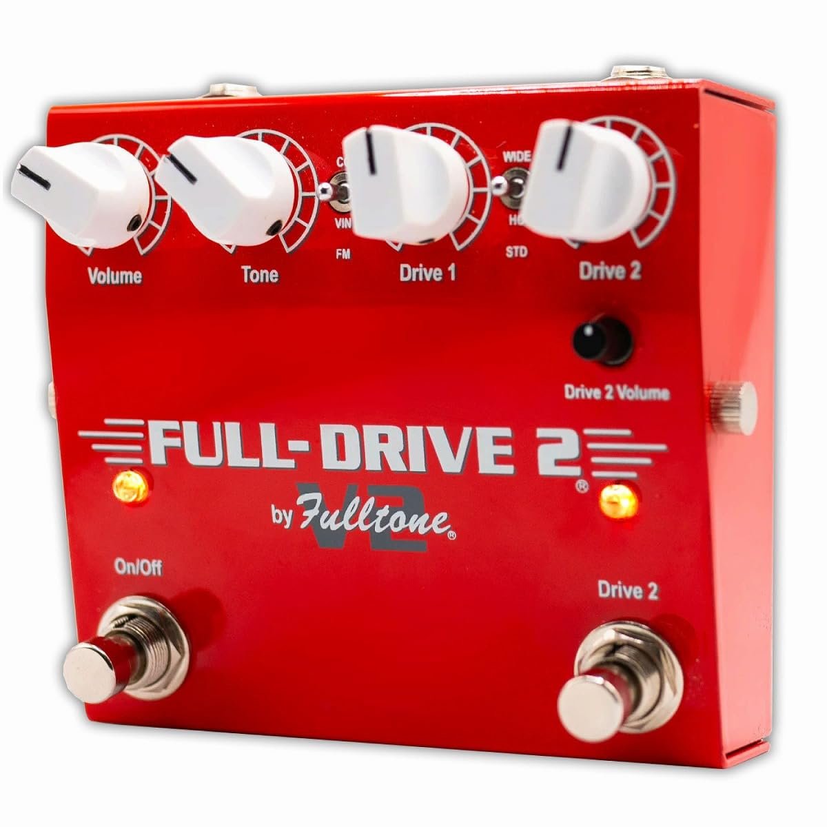 Fulltone Full-Drive 2 V2 dual-overdrive pedal, three-quarter angle showing the compact V2 chassis with Drive 2 volume knob, dual amber LEDs and independent On/Off and Drive 2 footswitches