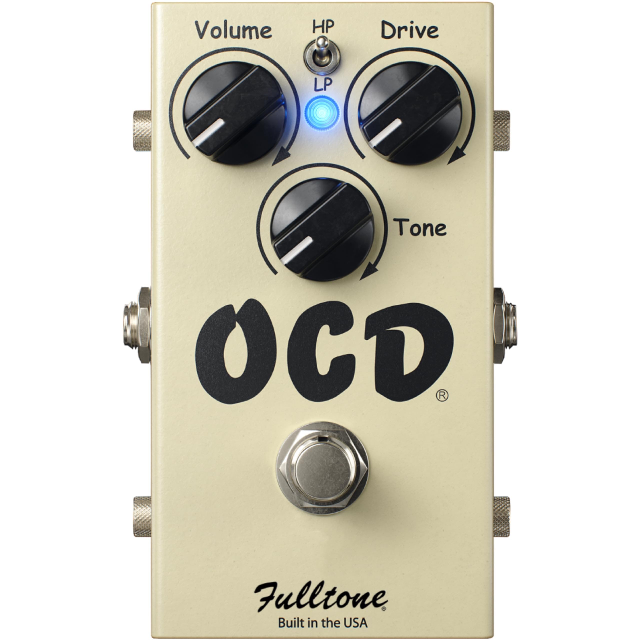 Fulltone OCD V2 overdrive pedal, top view showing Volume, Drive, Tone knobs, HP/LP toggle and true-bypass footswitch