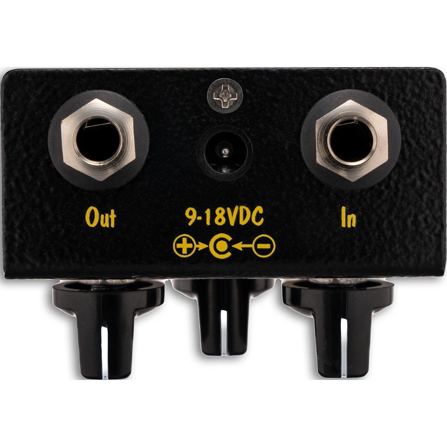 Fulltone Ultimate Octave fuzz pedal, top-panel view showing 1/4-inch Output and Input jacks flanking the 9-18 VDC center-negative power inlet