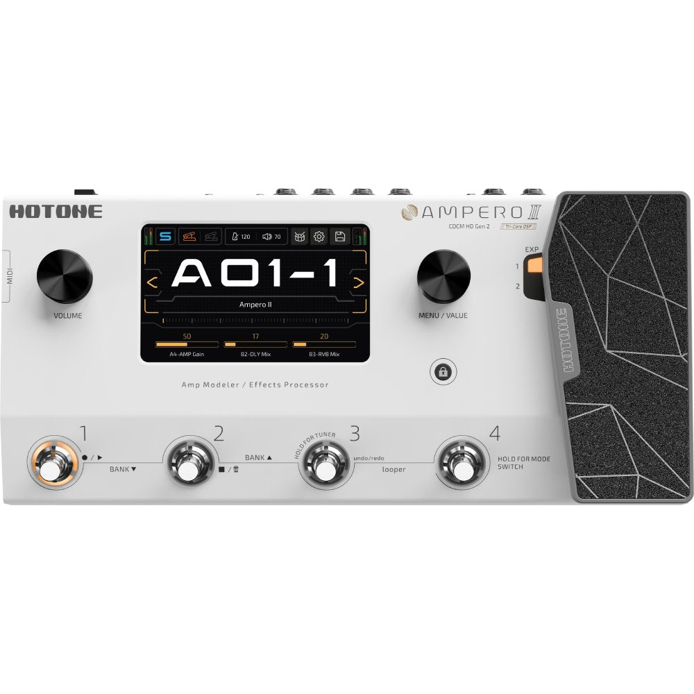 Hotone Ampero AO1-1 amp modeler, front angled view with expression pedal and control knobs