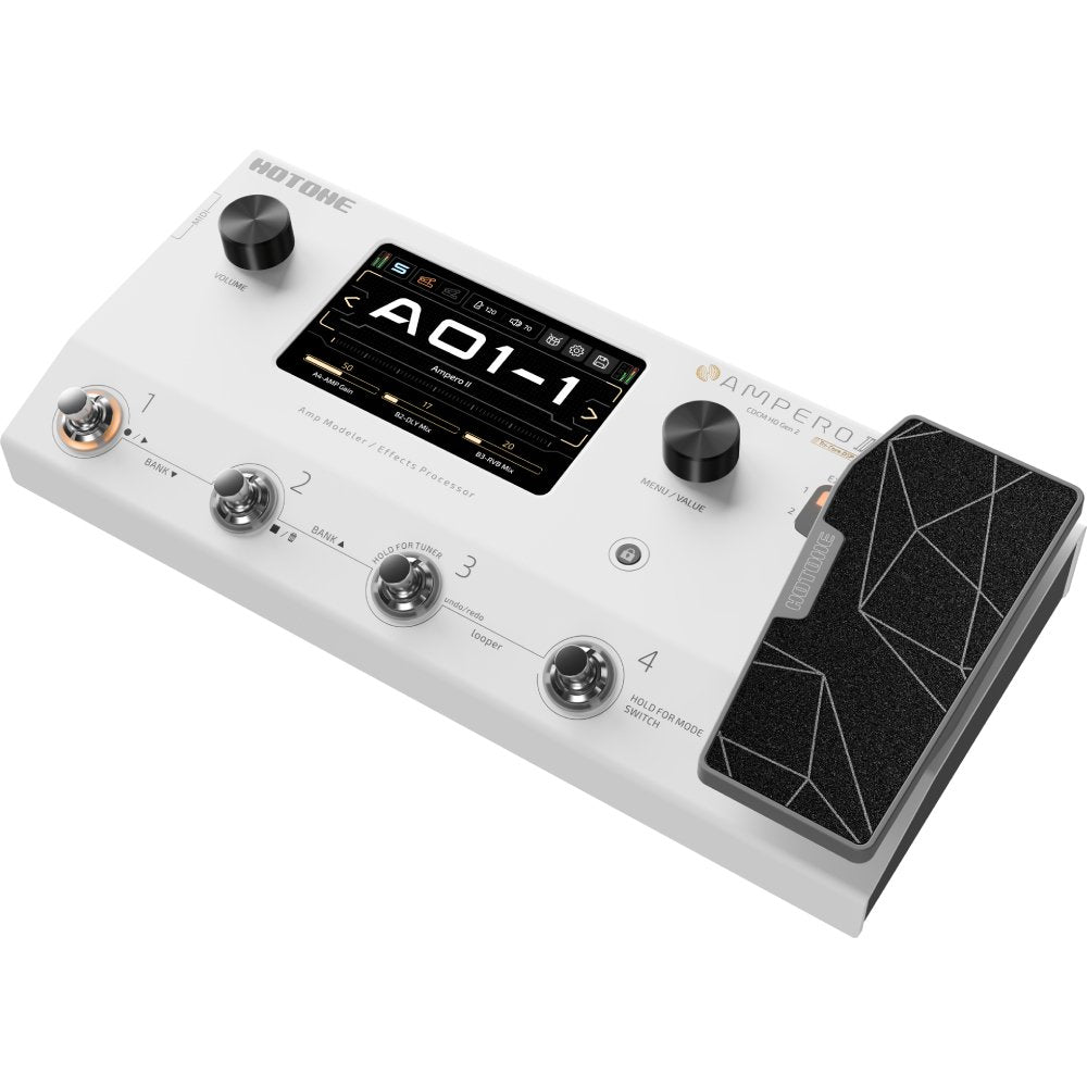 Hotone Ampero AO1-1 amp modeler in white finish, front angled view with expression pedal