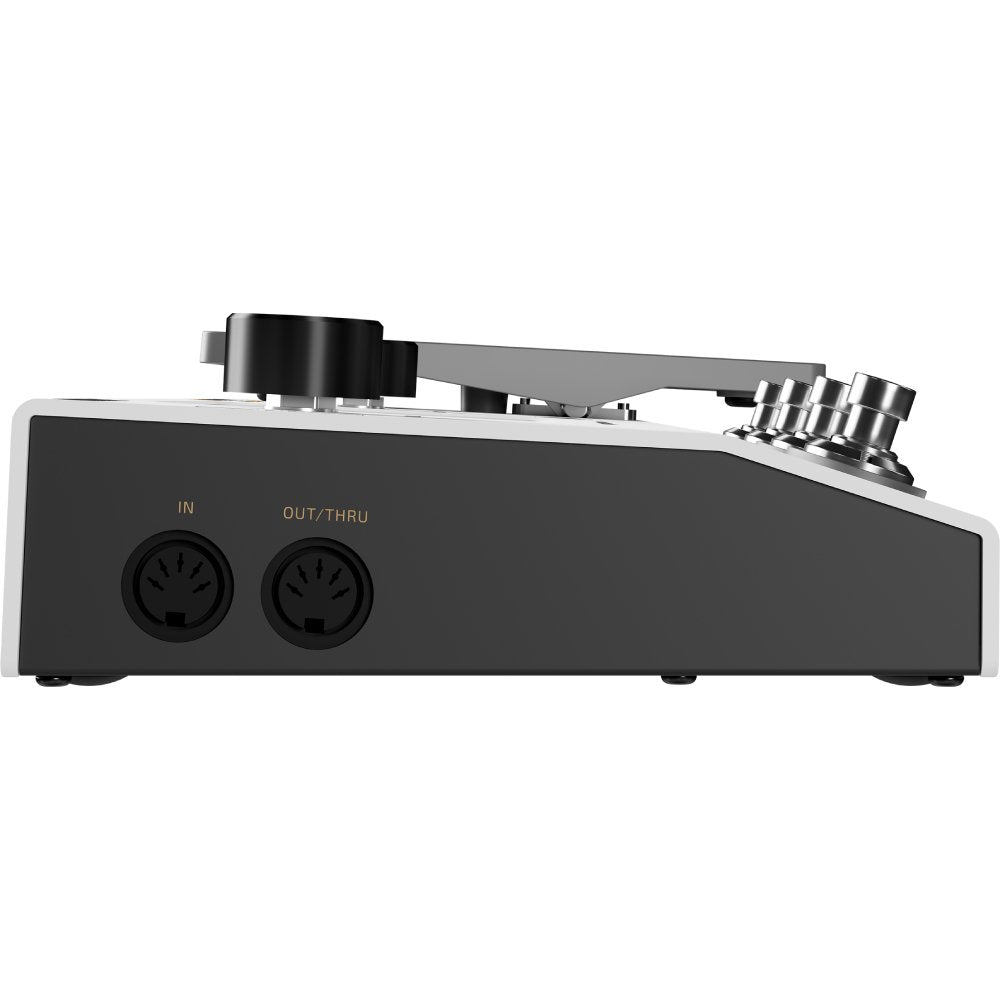 Hotone Ampero II MP-350 amp modeler, rear view of expression pedal showing MIDI ports