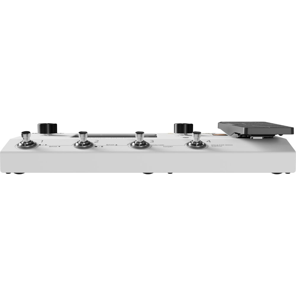 Hotone Ampero II MP-350 amp modeler in white finish, side profile of footswitches and pedal