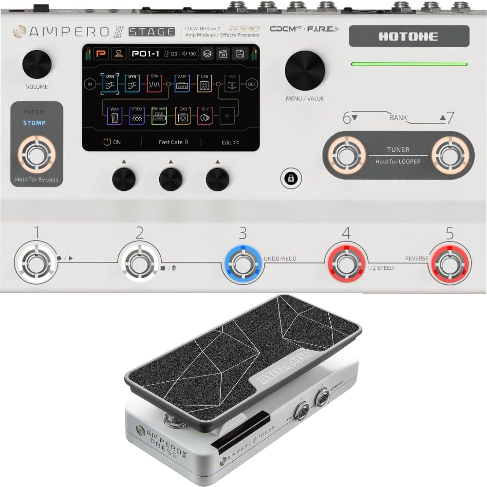 Hotone Ampero II Stage amp modeler shown together with the Ampero II Press expression pedal bundle