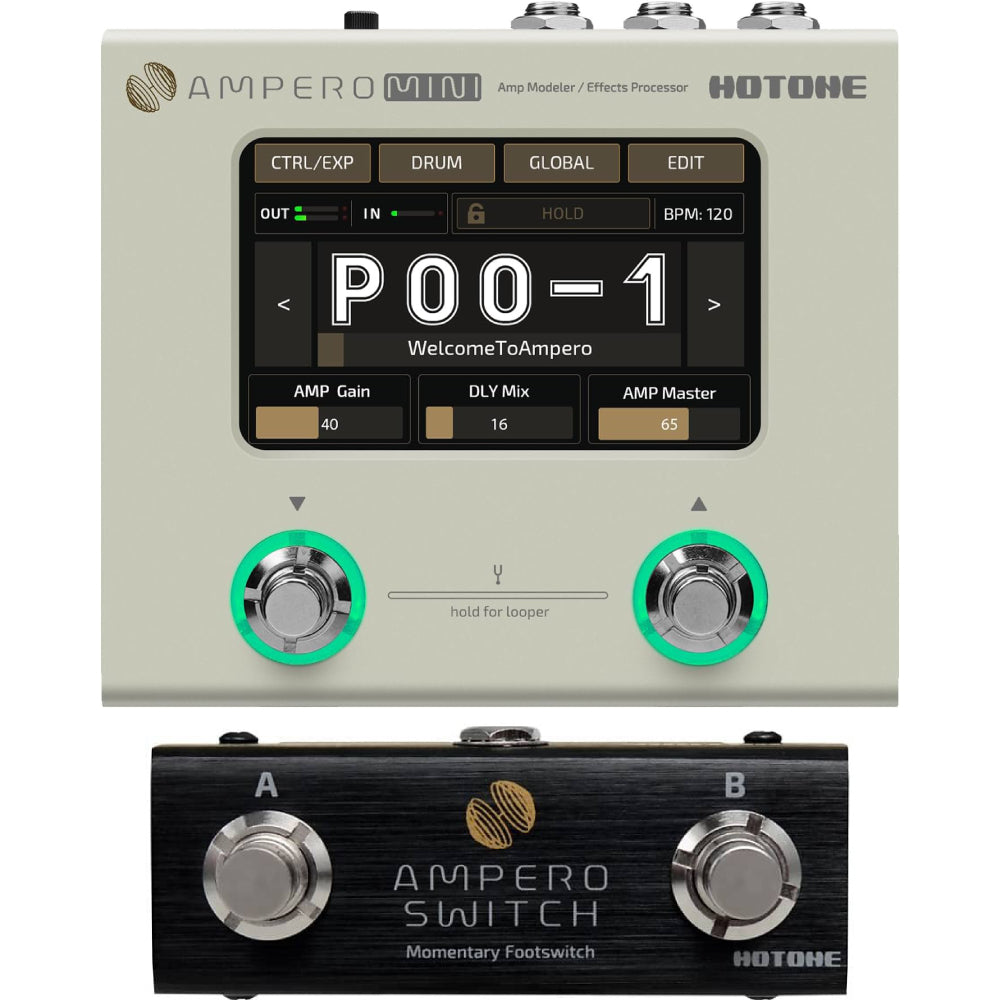 Hotone Ampero Mini amp modeler shown together with the Ampero Switch dual footswitch bundle