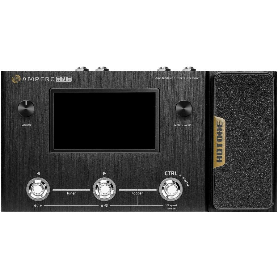 Hotone Ampero amp modeler, front angled view with volume knob and CTRL expression pedal