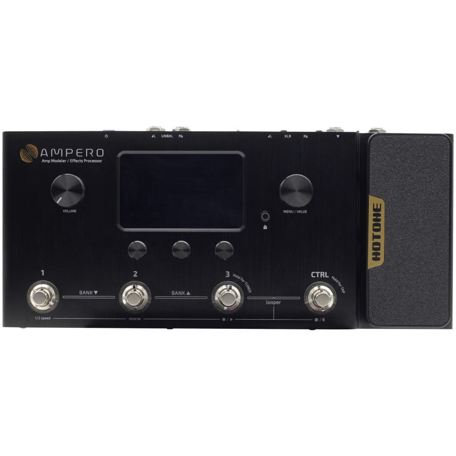 Hotone Ampero amp modeler, front view of screen-off unit with numbered footswitches and expression pedal