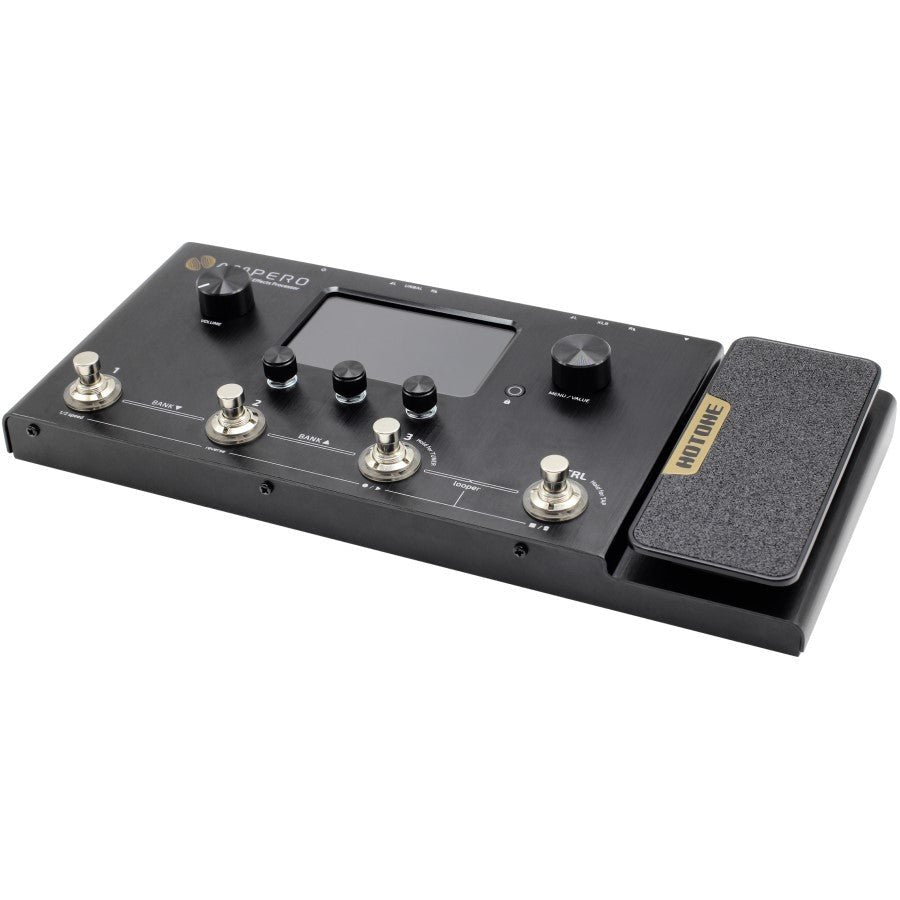 Hotone Ampero amp modeler, front angled view with expression pedal in lowered position