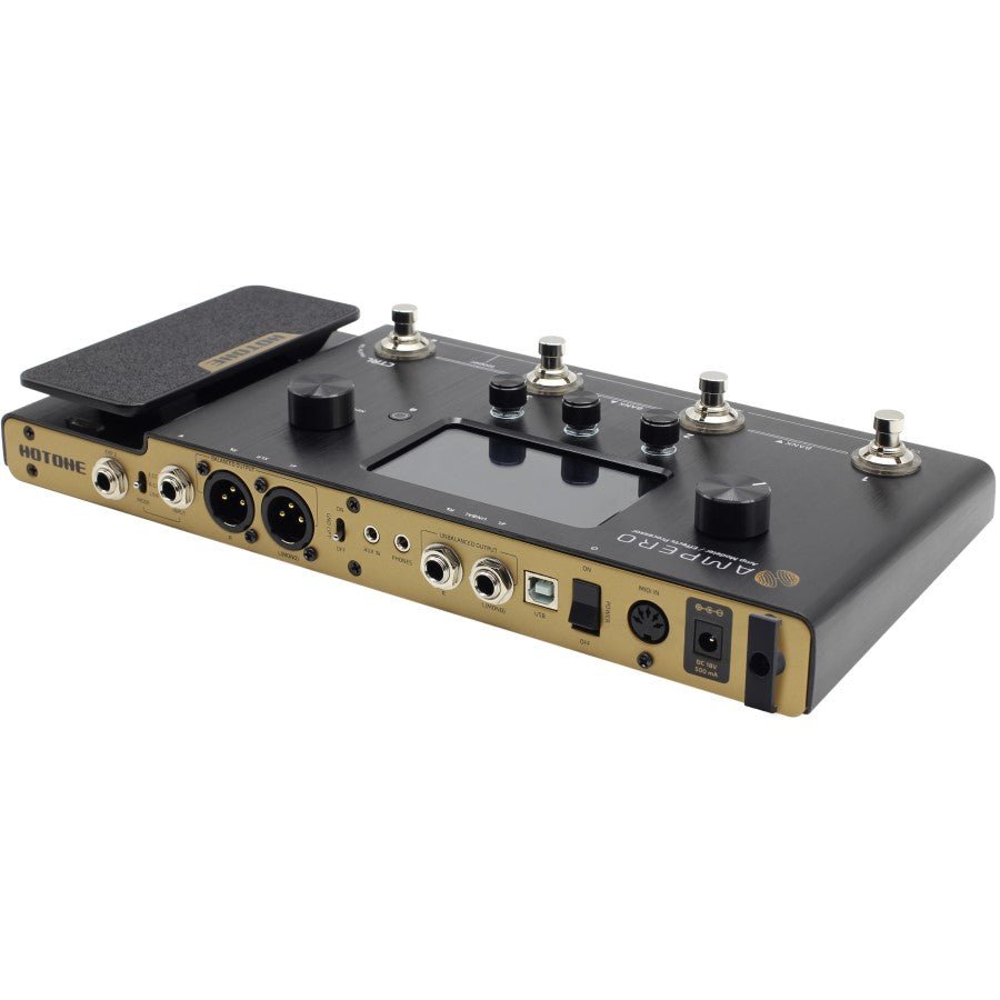 Hotone Ampero amp modeler, angled view showing rear XLR jacks and USB port