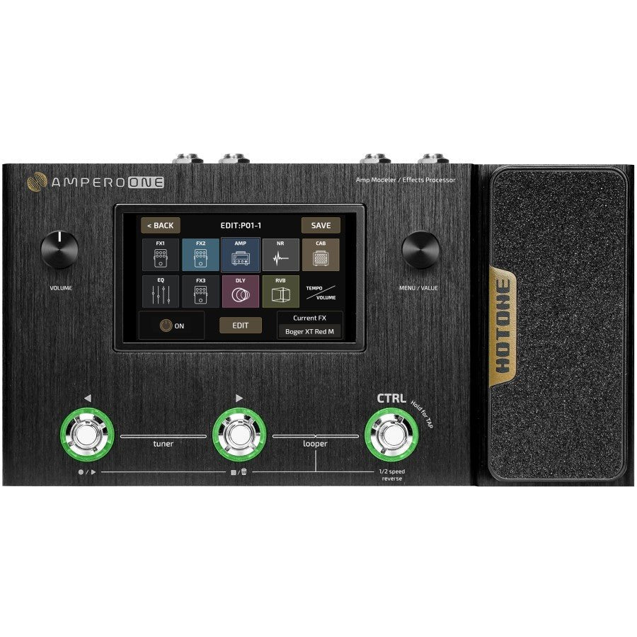 Hotone Ampero One amp modeler, front view of effect block editing grid on touchscreen
