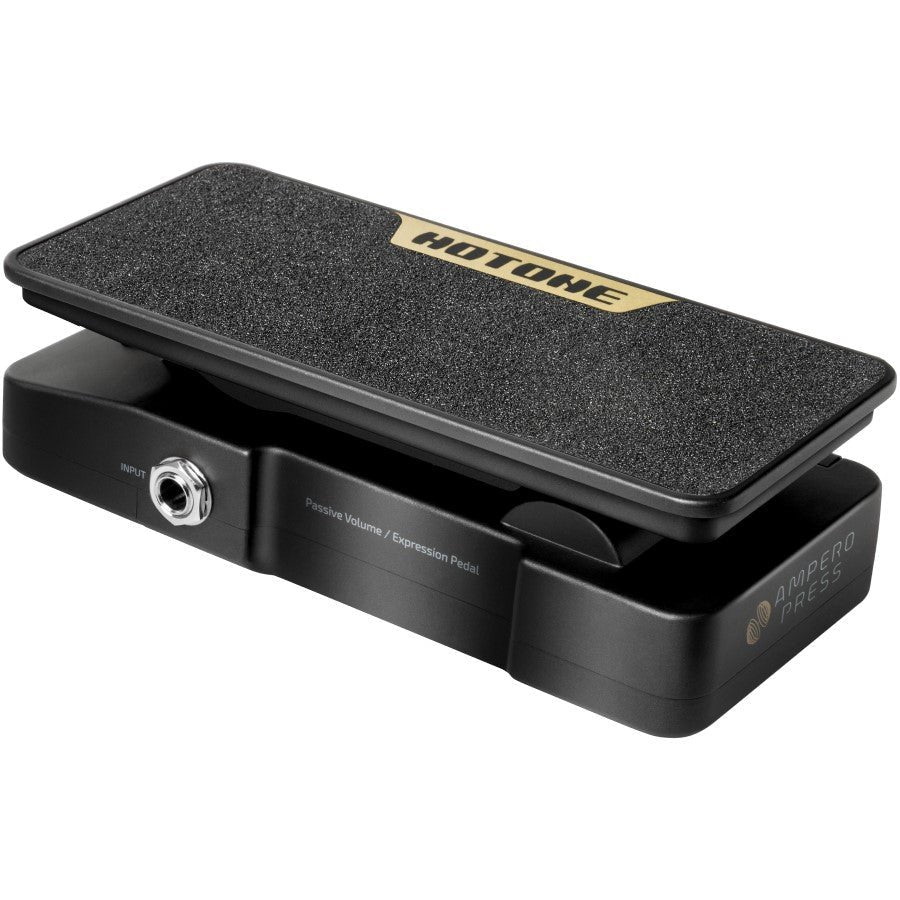 Hotone Ampero Press SP-30 pedal, overhead angled view with gold Hotone badge