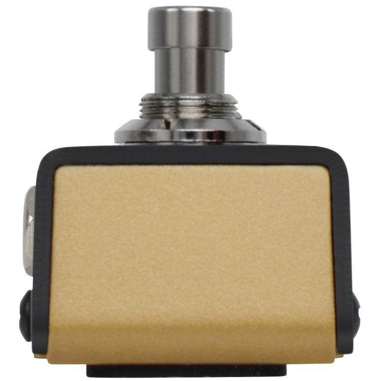 Close-up of Hotone Ampero Switch chrome footswitch button and enclosure edge