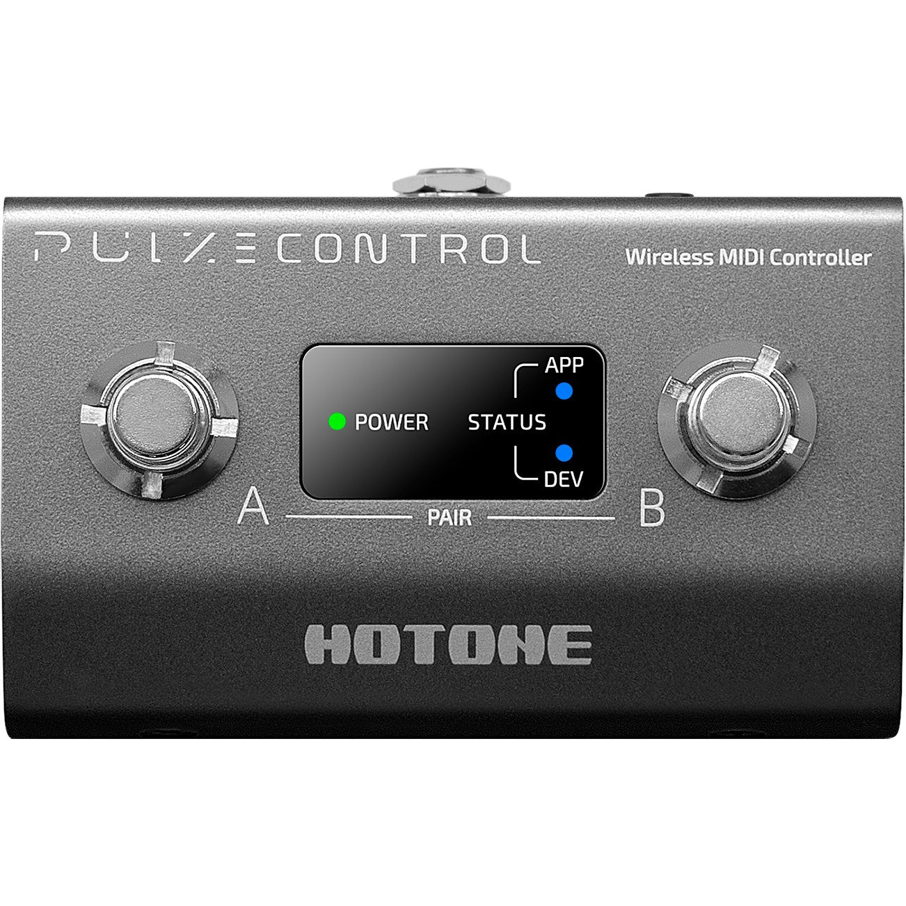 Hotone EC-2 Pulze Control wireless MIDI controller, front view of footswitches and status display
