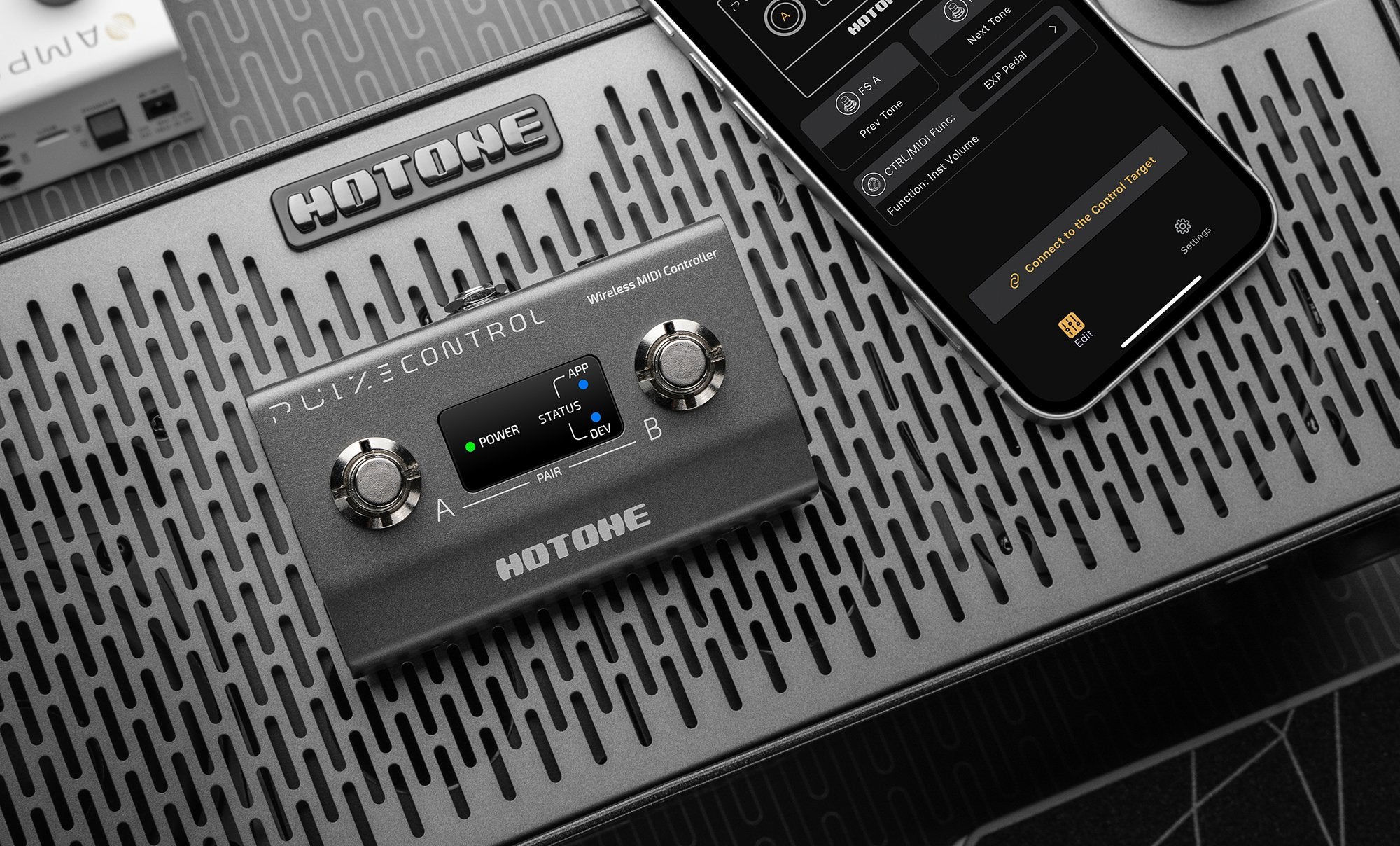 Hotone EC-2 Pulze Control MIDI controller, angled top view showing perforated plate texture