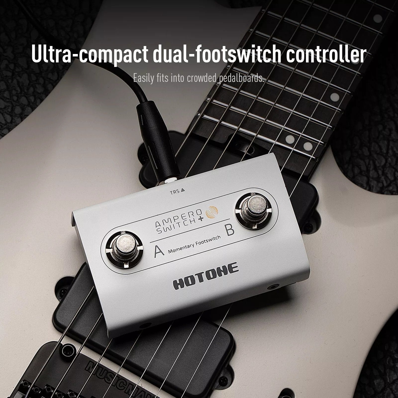 Hotone FS-2 Ampero Switch+ marketing graphic highlighting ultra-compact size
