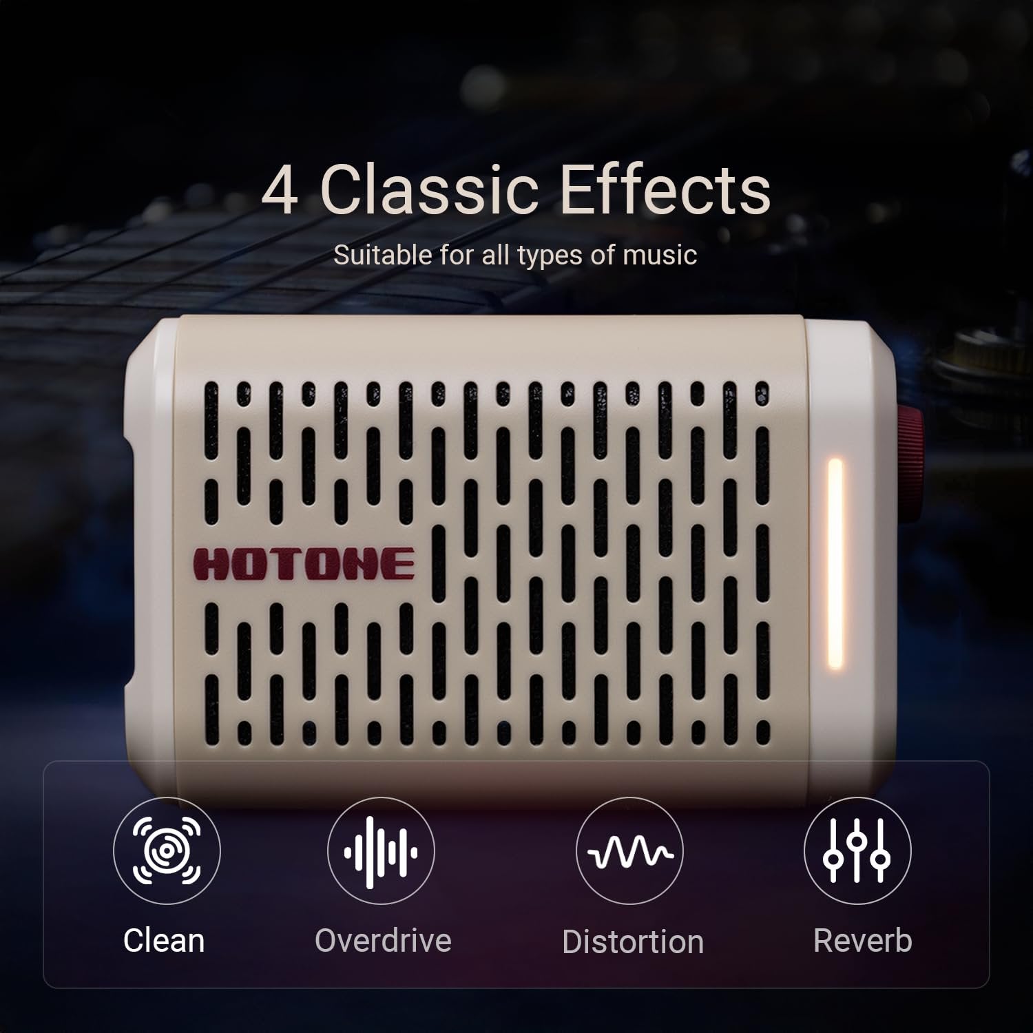 Hotone Pulze Mini marketing graphic listing 4 classic built-in effects with icons