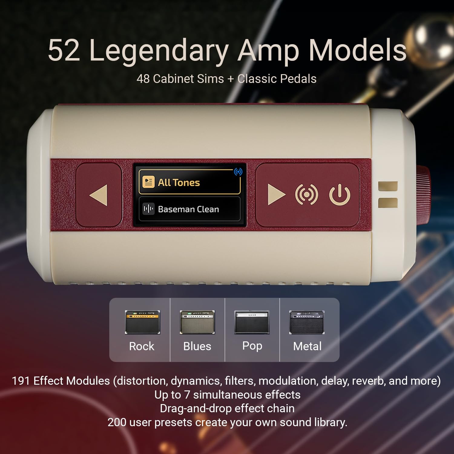 Hotone Pulze Mini marketing graphic listing 52 amp models, 48 cab sims and genre presets