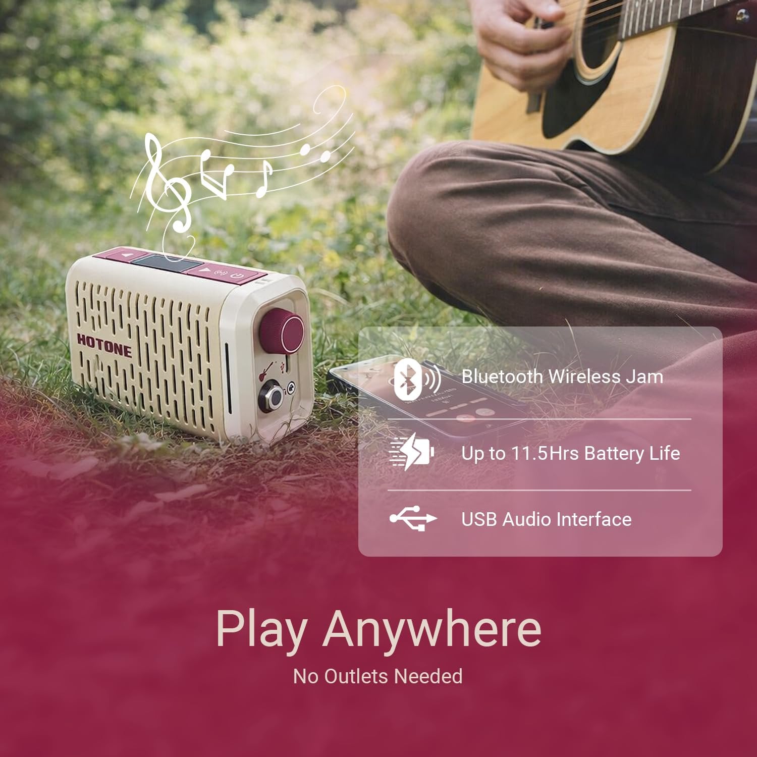 Hotone Pulze Mini marketing graphic: Bluetooth, battery life and USB audio interface features