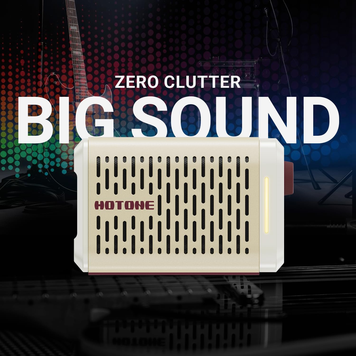 Hotone Pulze Mini marketing graphic: Zero Clutter, Big Sound headline with amp unit