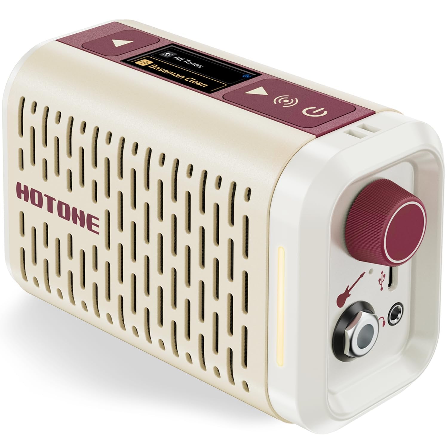 Hotone Pulze Mini portable guitar amp in cream and burgundy finish, front angled view