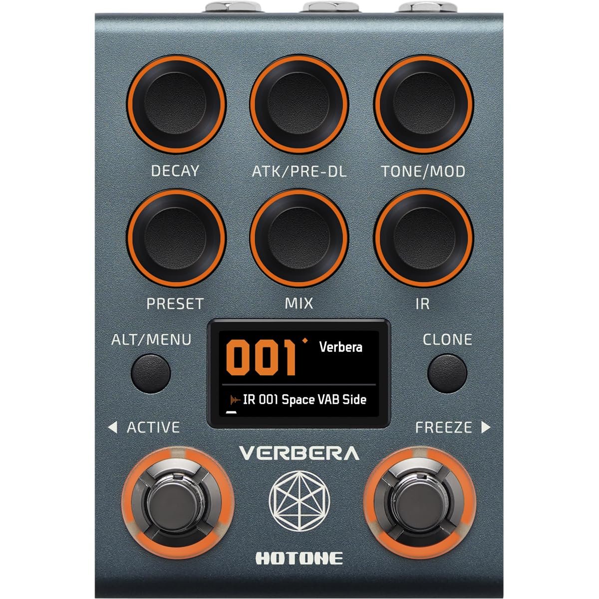 Hotone Verbera NC-200 convolution reverb pedal, front view of knobs, display and footswitches