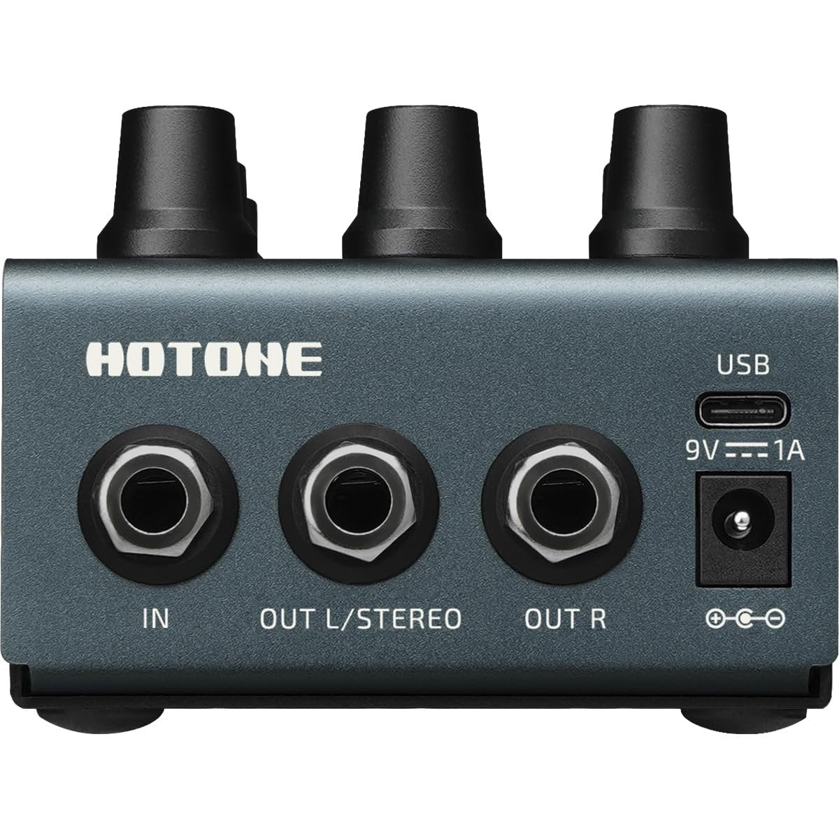 Hotone Verbera NC-200 reverb pedal, rear panel showing input, stereo outputs and USB-C port