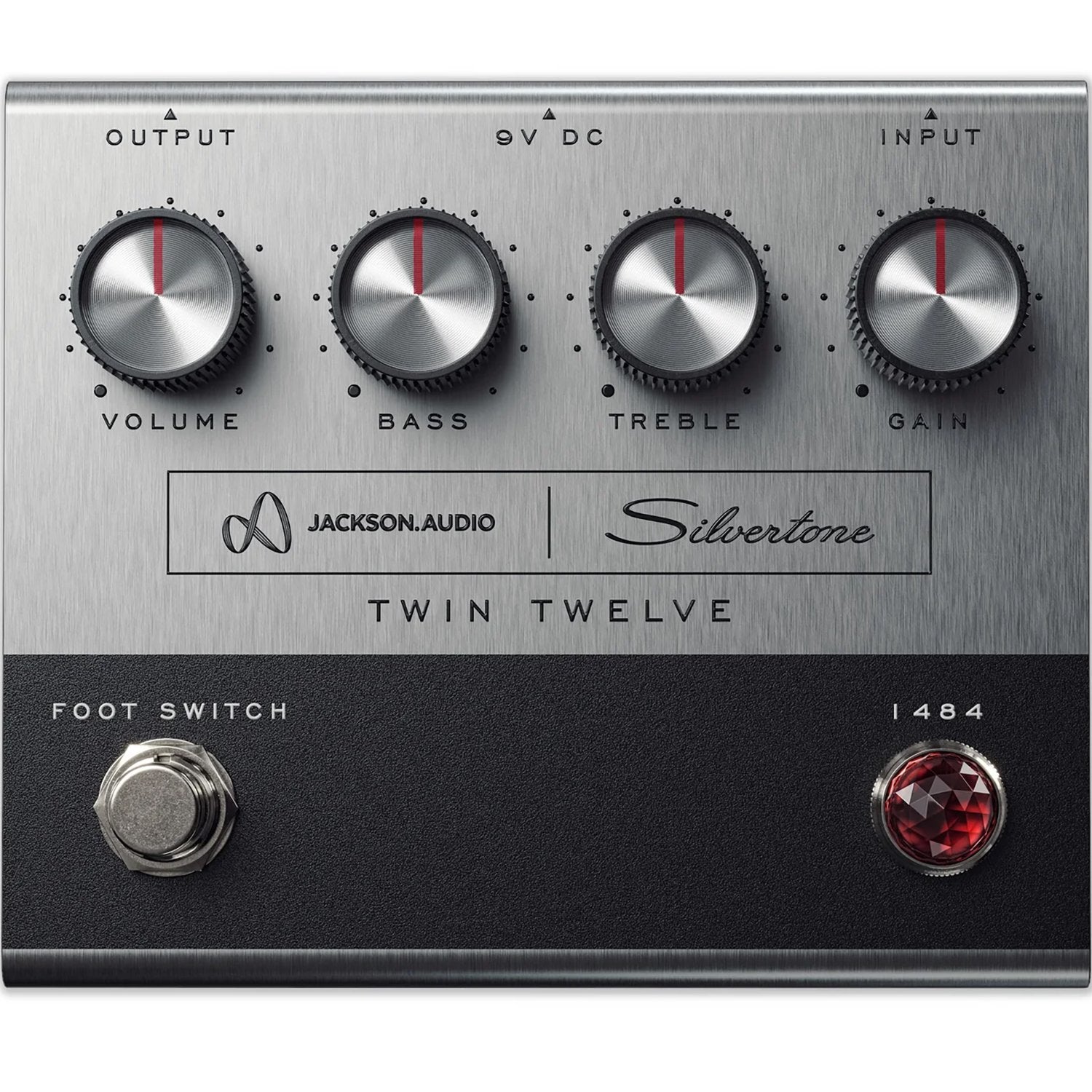 Jackson Audio 1484 Silvertone Twin Twelve Preamp/Overdrive, Straight-on front view of the silver and black 1484 enclosure showing the Volume, Bass, Treble, and Gain knobs and amp jewel indicator.