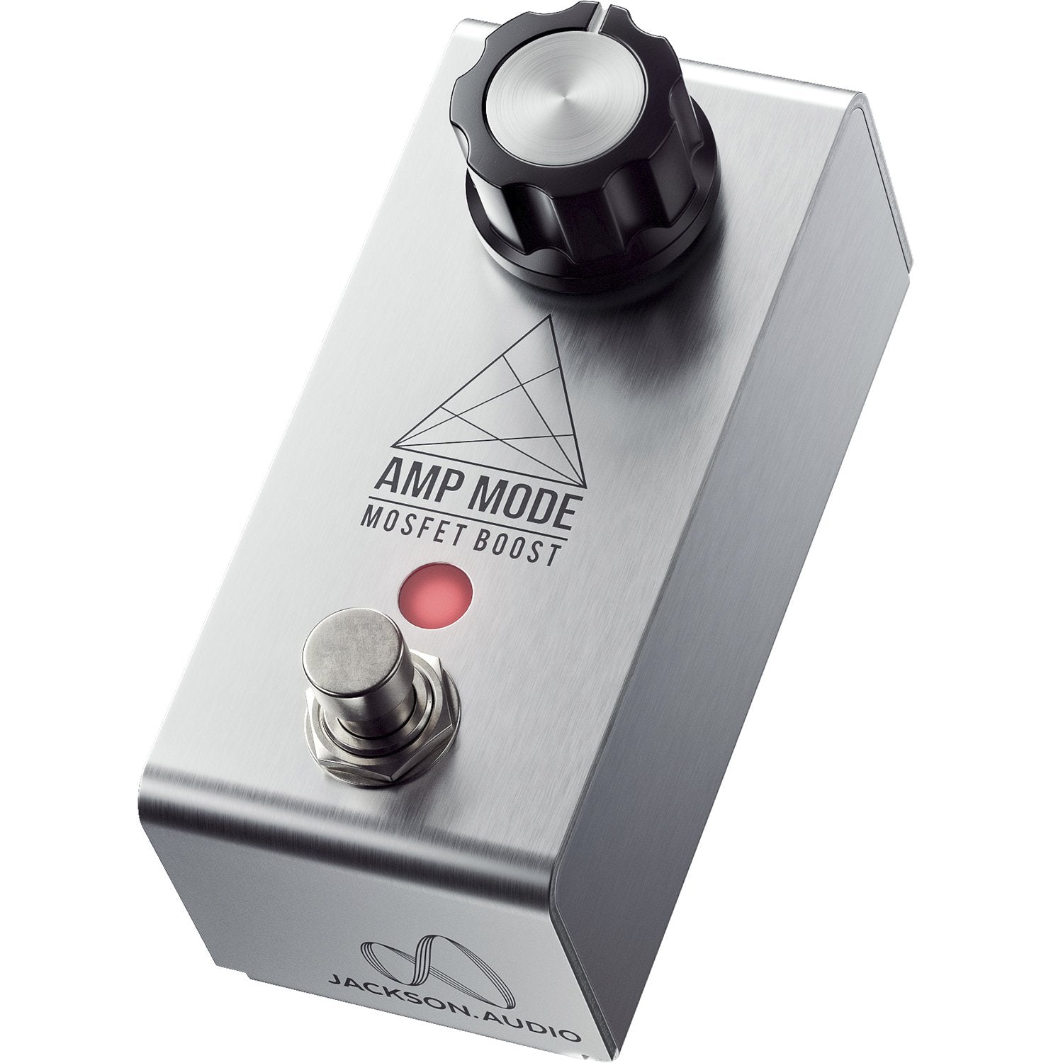 Jackson Audio Amp Mode MOSFET Transistor Boost, Angled three-quarter view of the brushed silver Amp Mode mini enclosure showing the top panel and compact footprint.