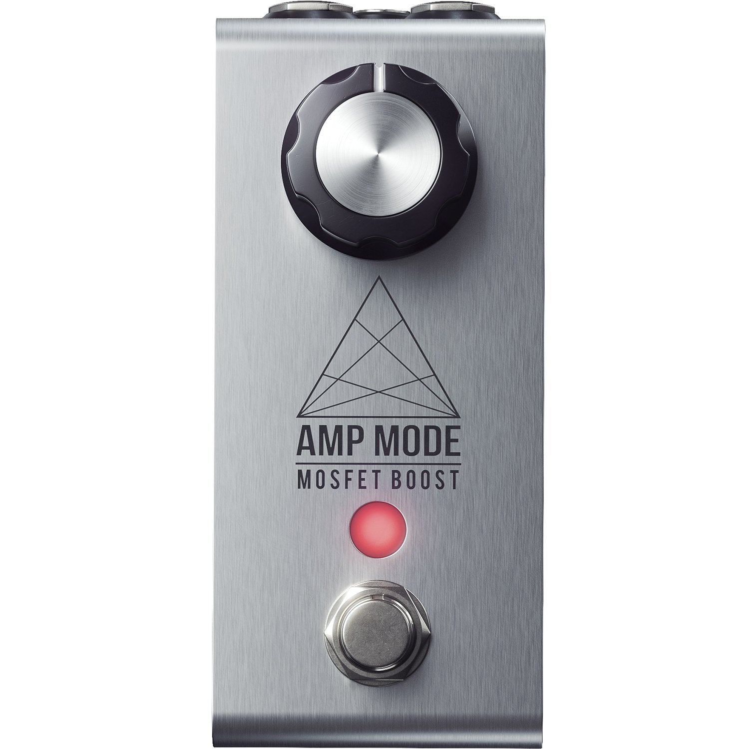 Jackson Audio Amp Mode MOSFET Transistor Boost, Straight-on front view of the brushed silver Amp Mode mini enclosure showing the single Boost knob.