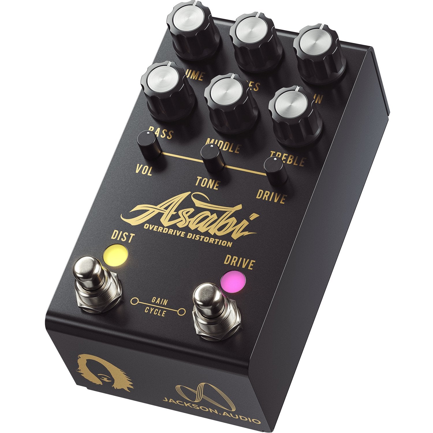 Jackson Audio Asabi Mateus Asato Signature Overdrive/Distortion, Angled three-quarter view of the black and gold Asabi enclosure showing the top panel and dual-channel layout.