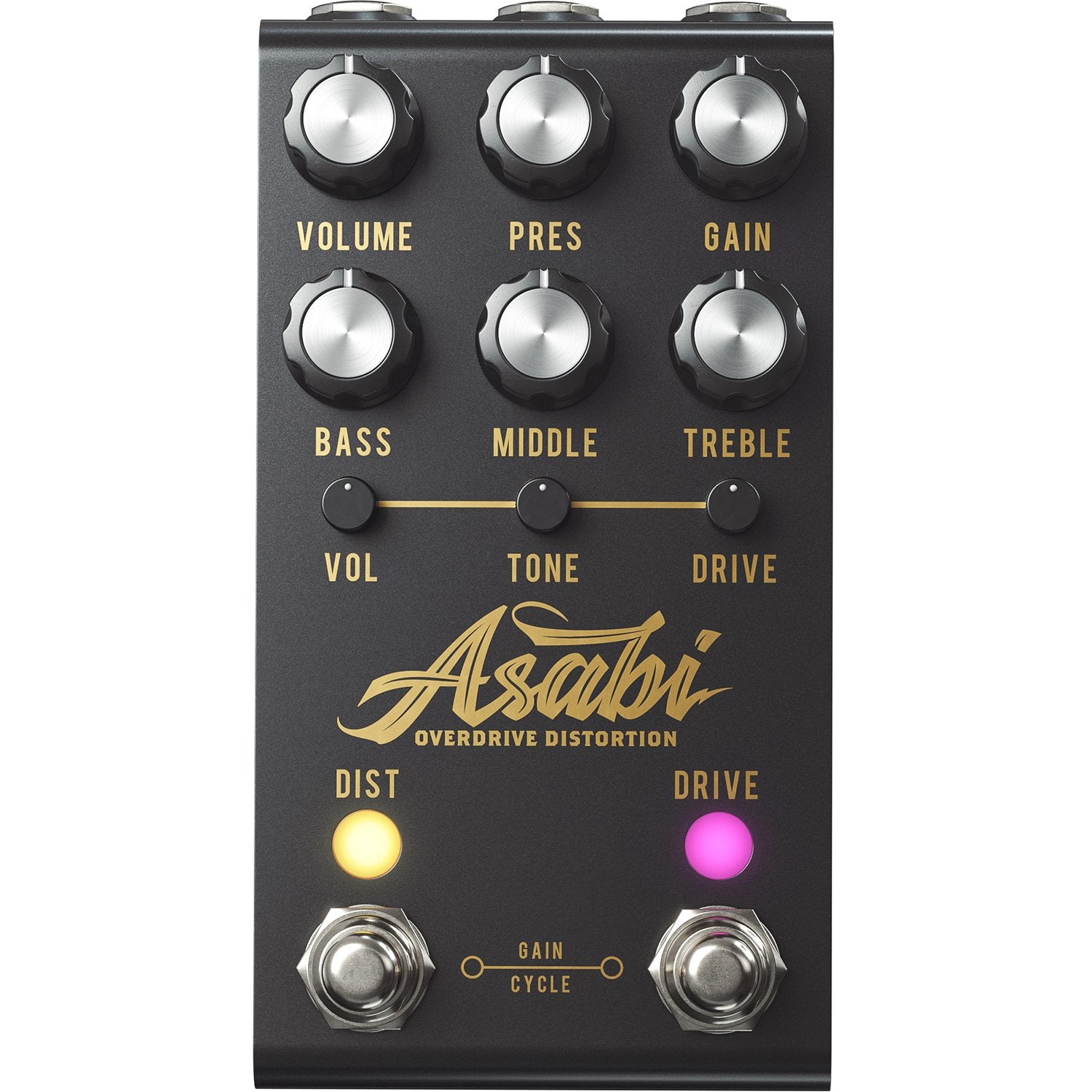 Jackson Audio Asabi Mateus Asato Signature Overdrive/Distortion, Straight-on front view of the black and gold Asabi enclosure showing the distortion and overdrive control sets and footswitches.