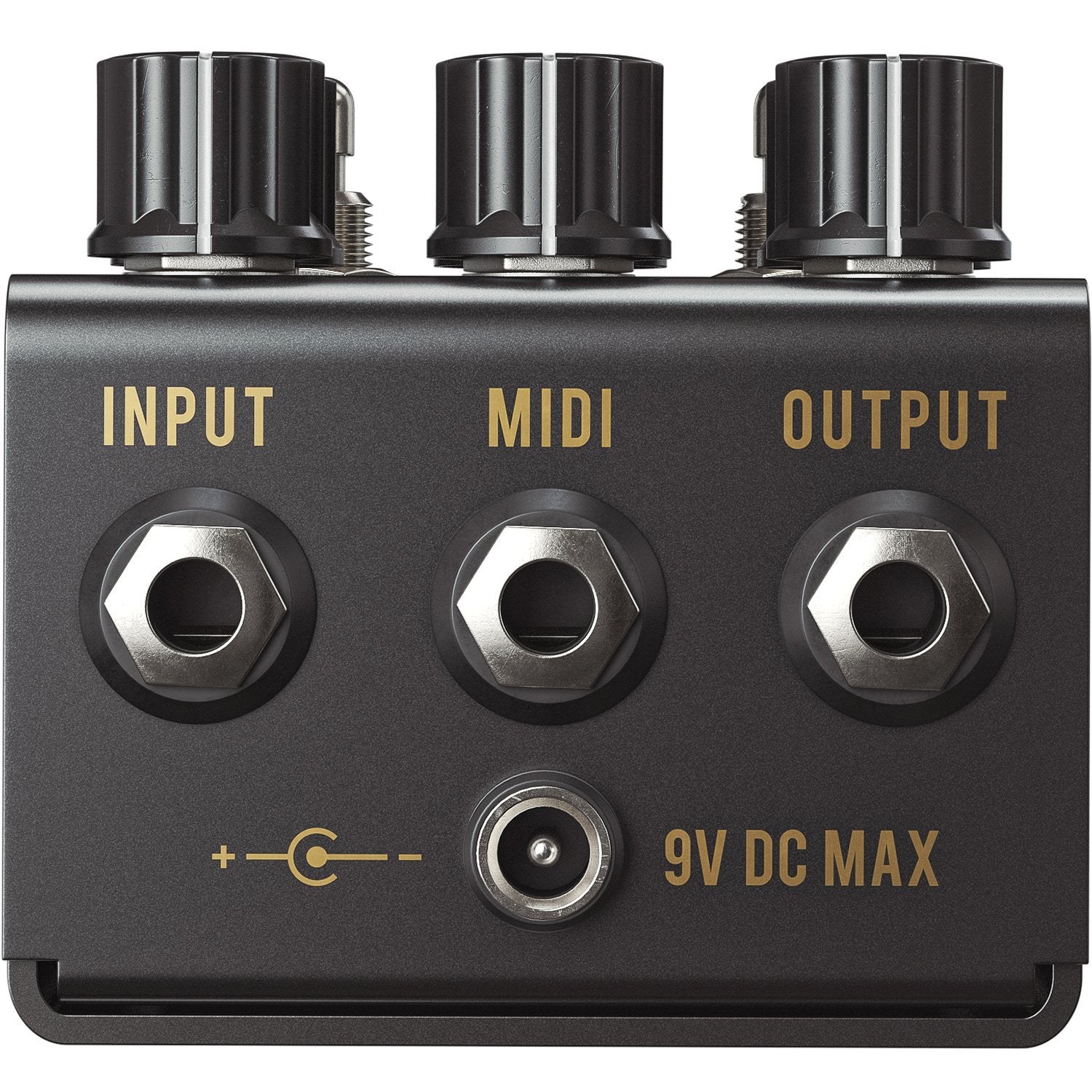 Jackson Audio Asabi Mateus Asato Signature Overdrive/Distortion, Rear/top view of the Asabi showing the top-mounted connections: Input, MIDI, Output, and 9V DC.