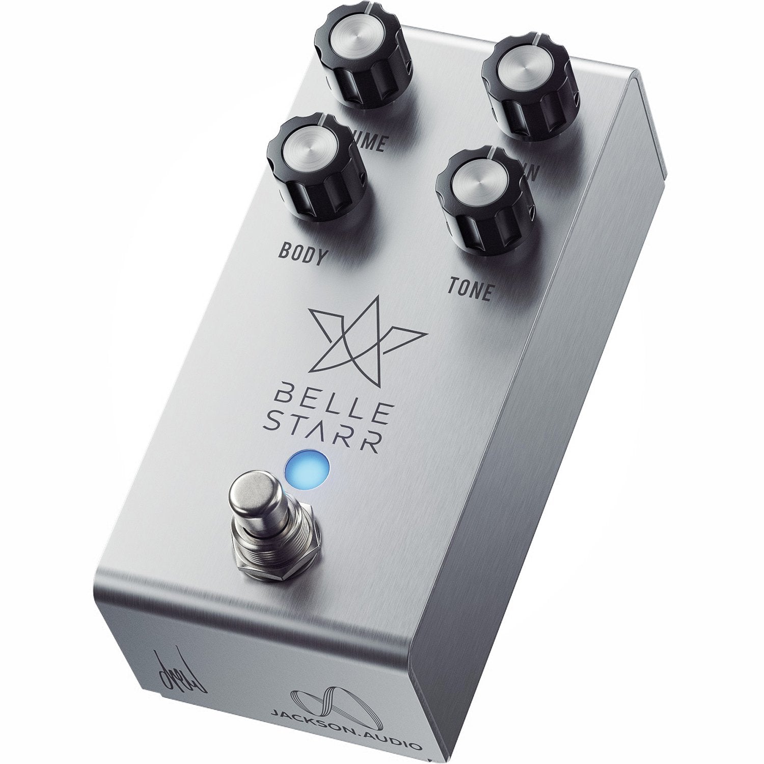 Jackson Audio Belle Starr Drew Shirley Signature Overdrive, Angled three-quarter view of the brushed silver Belle Starr enclosure showing the top panel and control layout.