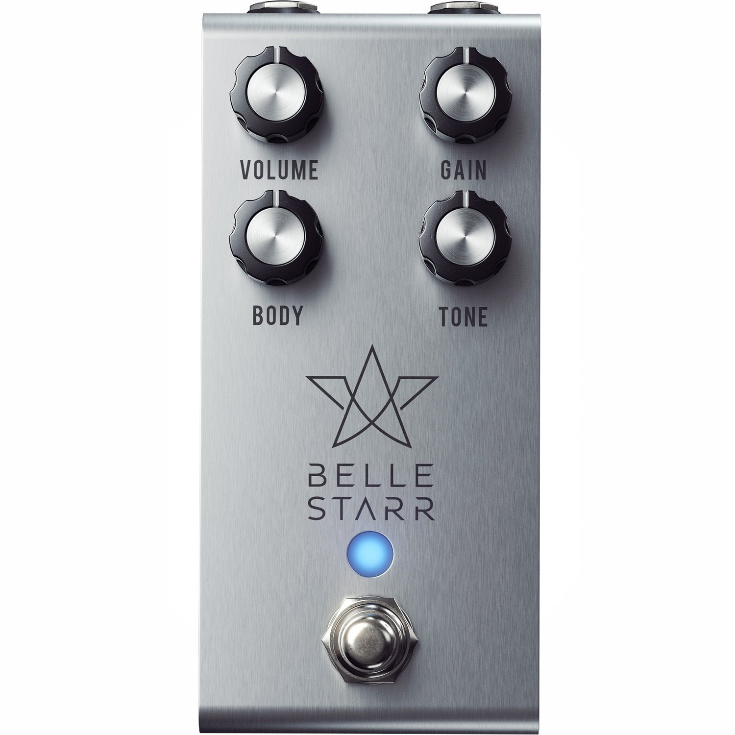 Jackson Audio Belle Starr Drew Shirley Signature Overdrive, Straight-on front view of the brushed silver Belle Starr enclosure showing the Volume, Gain, Body, and Tone controls.