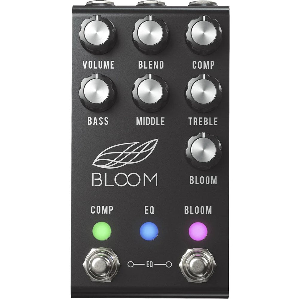 Jackson Audio Bloom V2 MIDI Black Compressor/EQ/Boost, Straight-on front view of the black Bloom V2 MIDI enclosure showing the Volume, Blend, Comp, EQ, and Bloom controls.