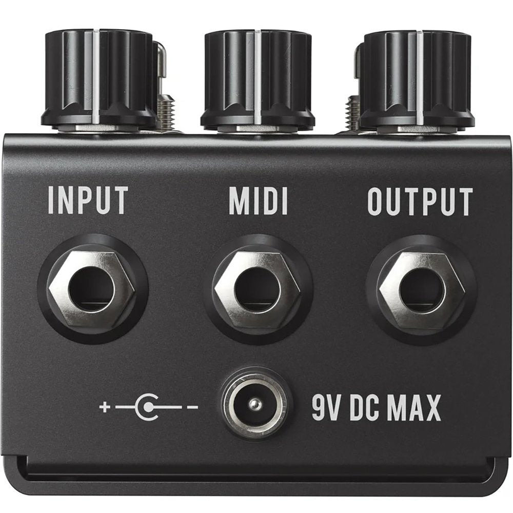 Jackson Audio Bloom V2 MIDI Black Compressor/EQ/Boost, Rear/top view of the Bloom V2 MIDI Black showing the top-mounted connections: Input, MIDI, Output, and 9V DC max.