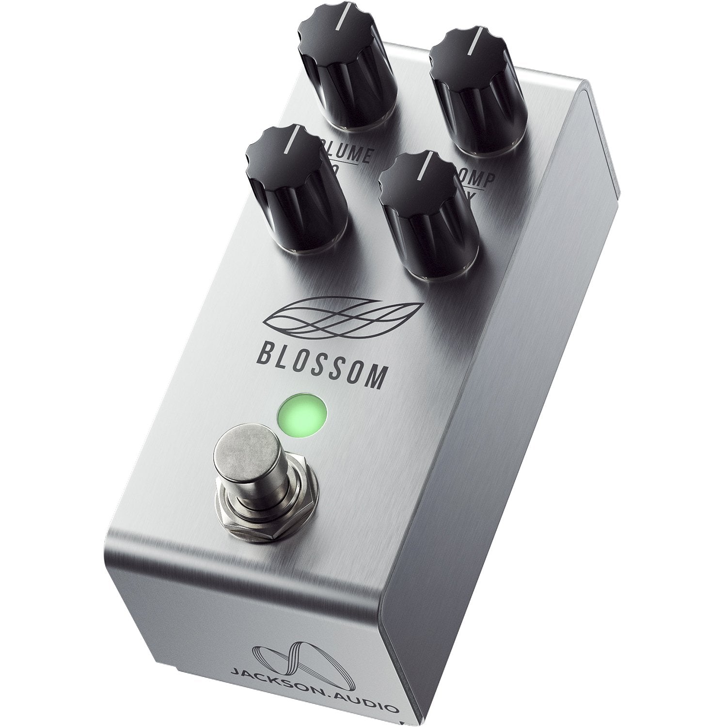 Jackson Audio Blossom Optical Compressor, Angled three-quarter view of the brushed silver Blossom enclosure showing the top panel and compact control layout.